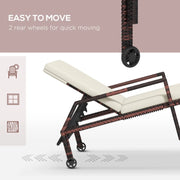 Image of a rattan sun lounger with beige cushion arms and wheels