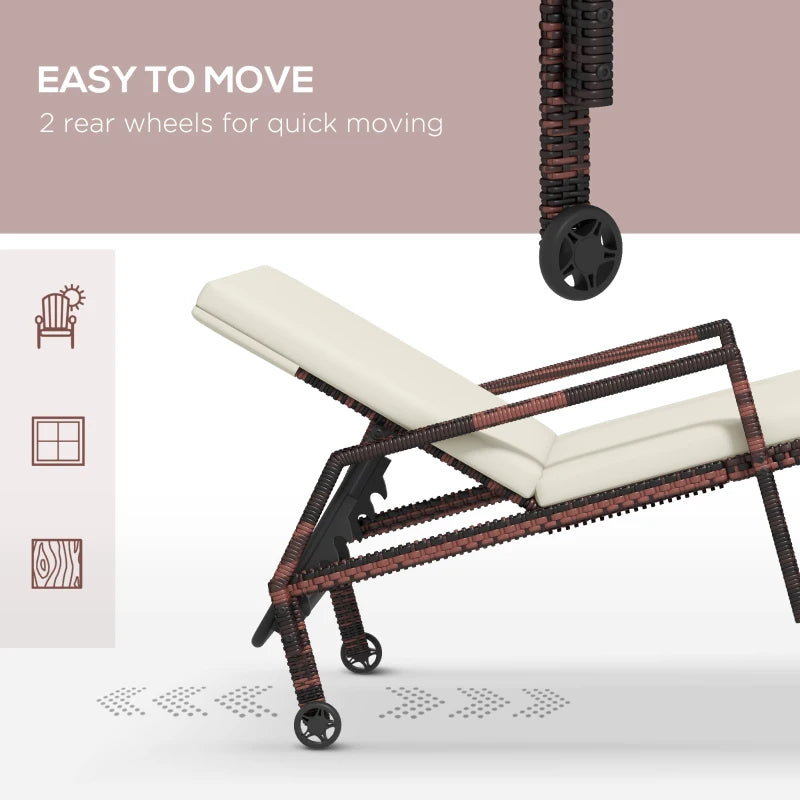 Image of a rattan sun lounger with beige cushion arms and wheels