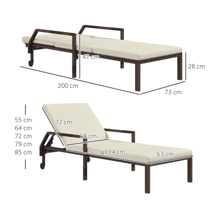 Image of a rattan sun lounger with beige cushion arms and wheels