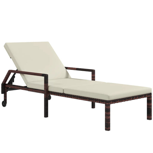 Image of a rattan sun lounger with beige cushion arms and wheels