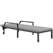 Image of a rattan sun lounger with grey cushion arms and wheels