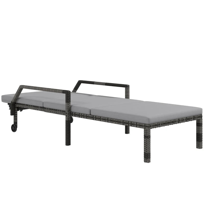 Image of a rattan sun lounger with grey cushion arms and wheels
