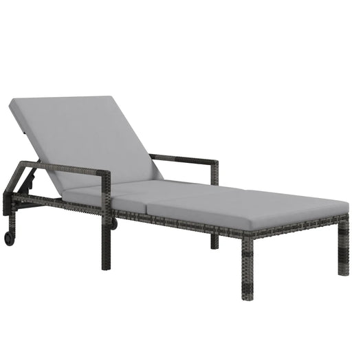 Image of a rattan sun lounger with grey cushion arms and wheels