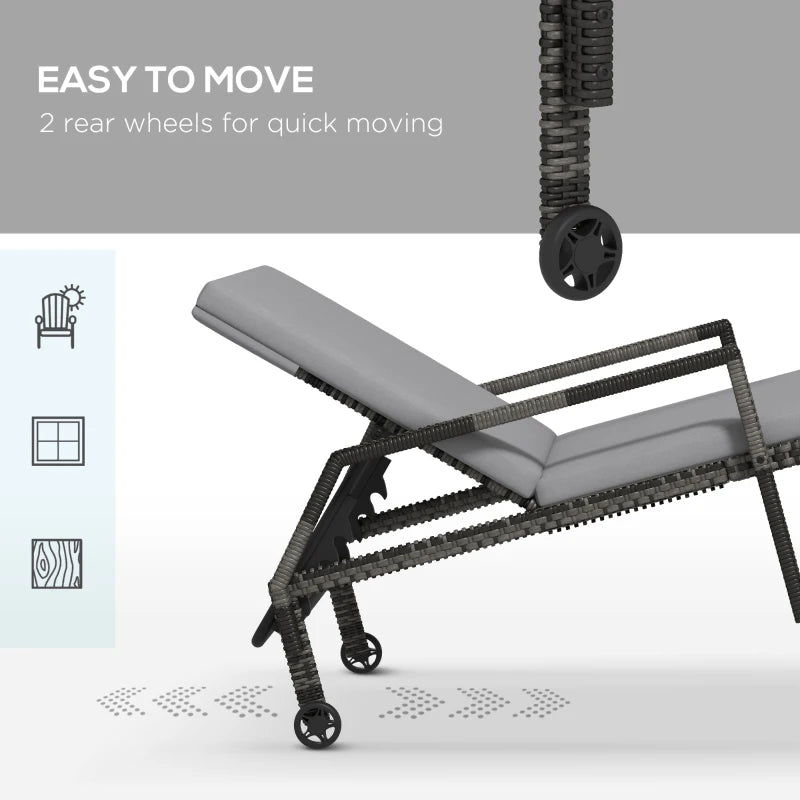 Image of a rattan sun lounger with grey cushion arms and wheels