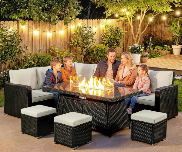 rattan garden furniture set with gas fire pit table for year round outdoor living.