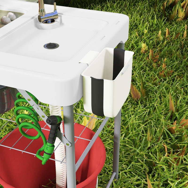 Folding Outdoor Fish Cleaning Table with Dual Sinks and Storage for Camping White