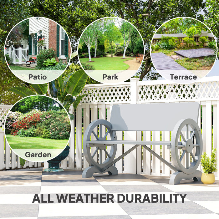 Grey 2 Seater Wooden Garden Bench with Wagon Wheel Design by Outsunny