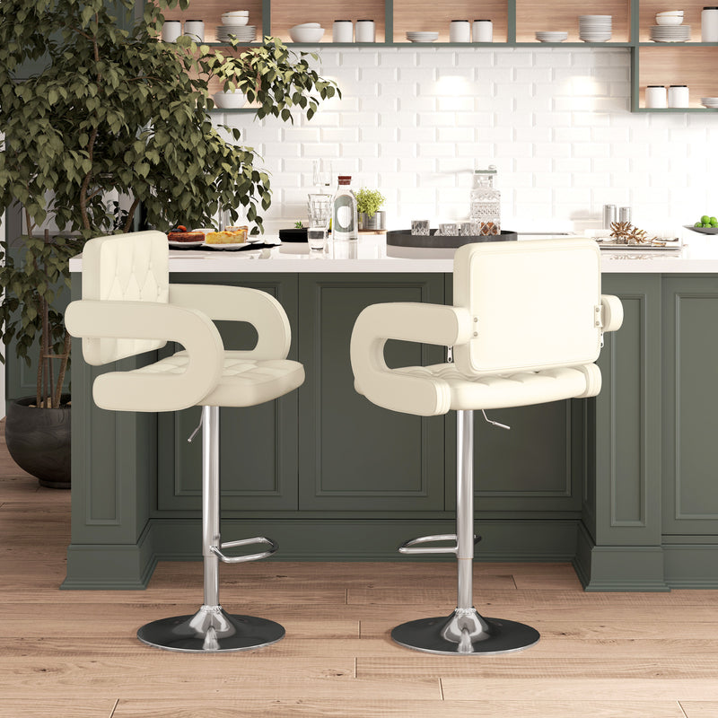 Set of 2 Adjustable Swivel Bar Stools with Backrest and Armrests for Kitchen White