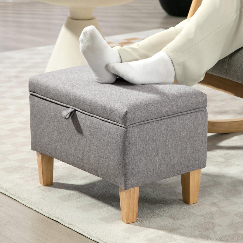 Light Grey Linen Storage Ottoman with Padded Seat and Wooden Legs for Bedroom or Hallway 49W x 33D x 36H cm