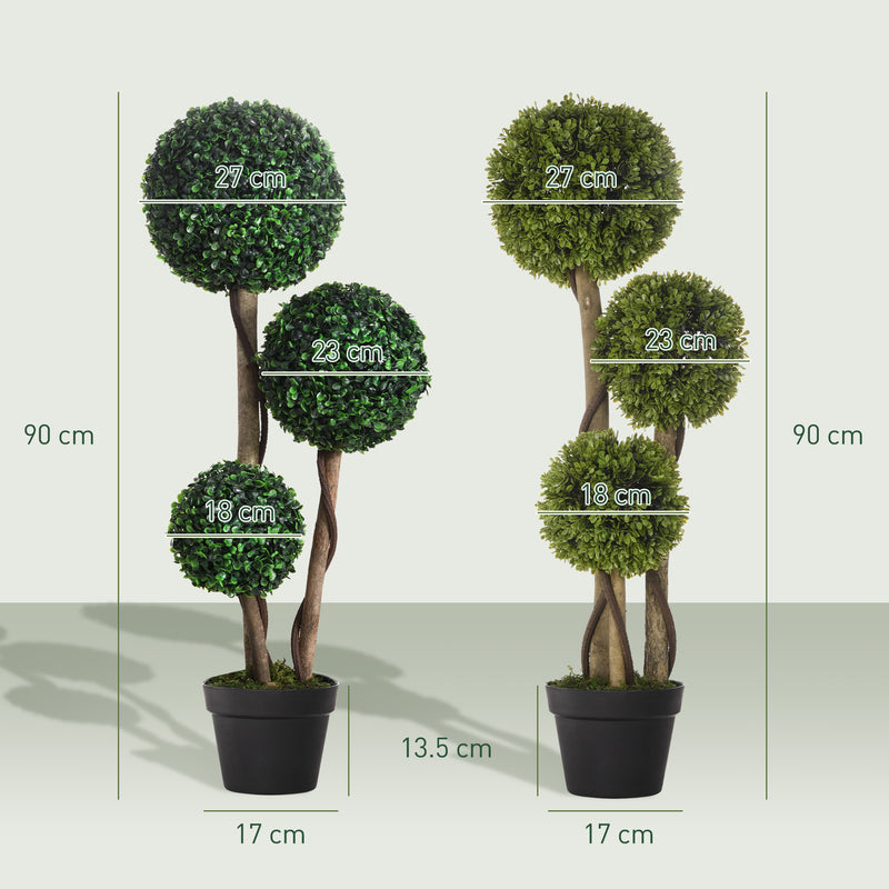 HOMCOM Decorative Artificial Plants Set of 2, Boxwood Ball Topiary Trees in Pot Fake Plants for Home Indoor Outdoor Decor, 90 cm, Dark Green AOSOM