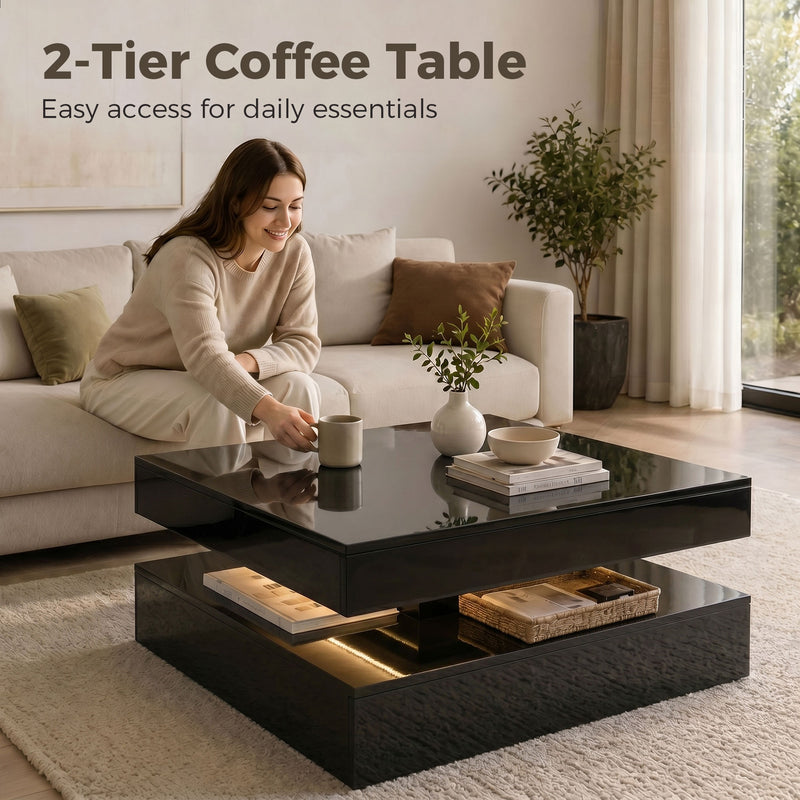 Coffee Table with LED Lighting and Open Storage Shelf for Tidy Living Room High Gloss Black