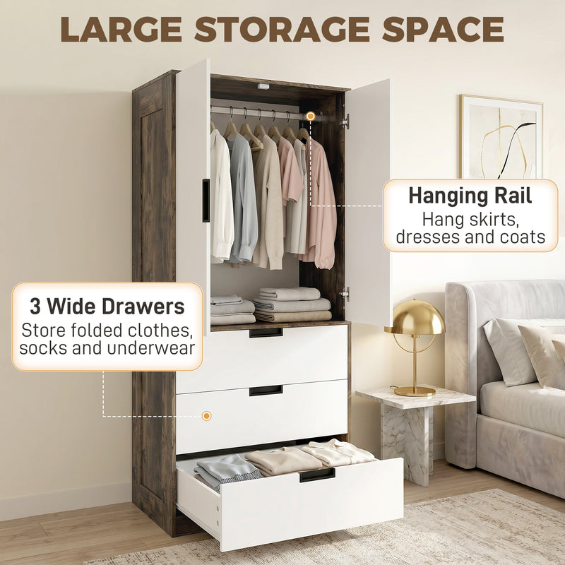 Double Wardrobe with Drawers for Organised Bedroom Storage and Soft Close Doors Rustic Brown