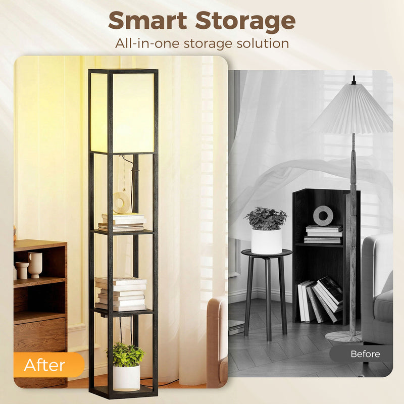 Floor Lamp with Shelves for Extra Storage and Soft Lighting in Small Spaces Black Homcom