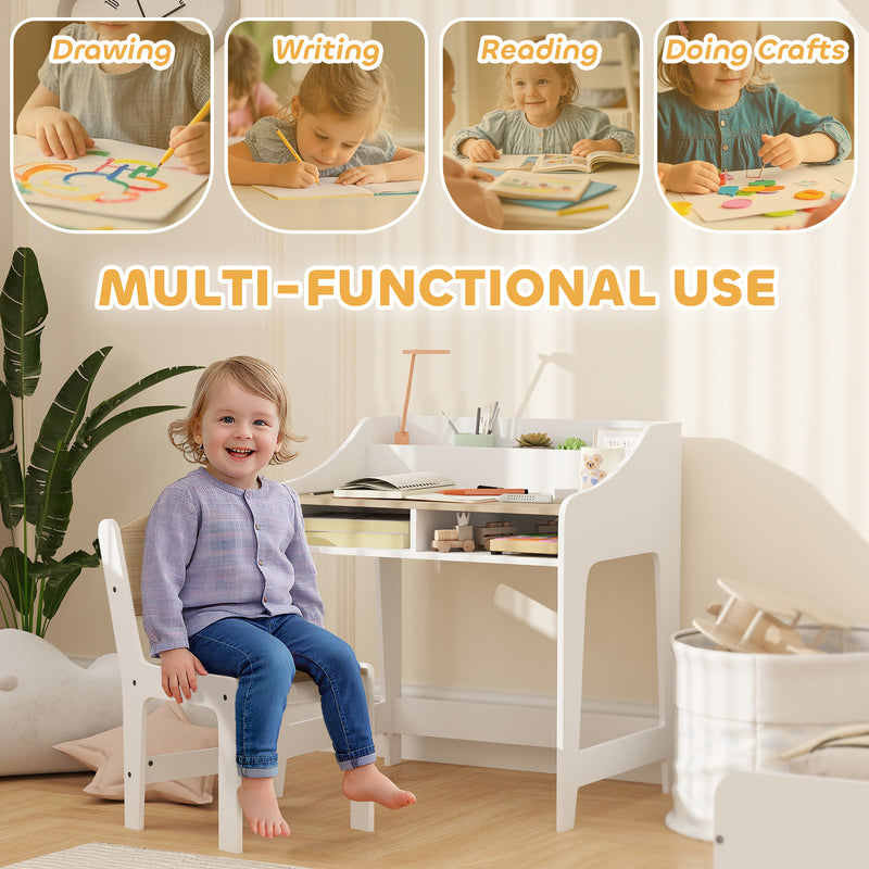 Kids Desk and Chair Set with Storage for Homework and Crafts Ages 3–8 Natural and White AOSOM