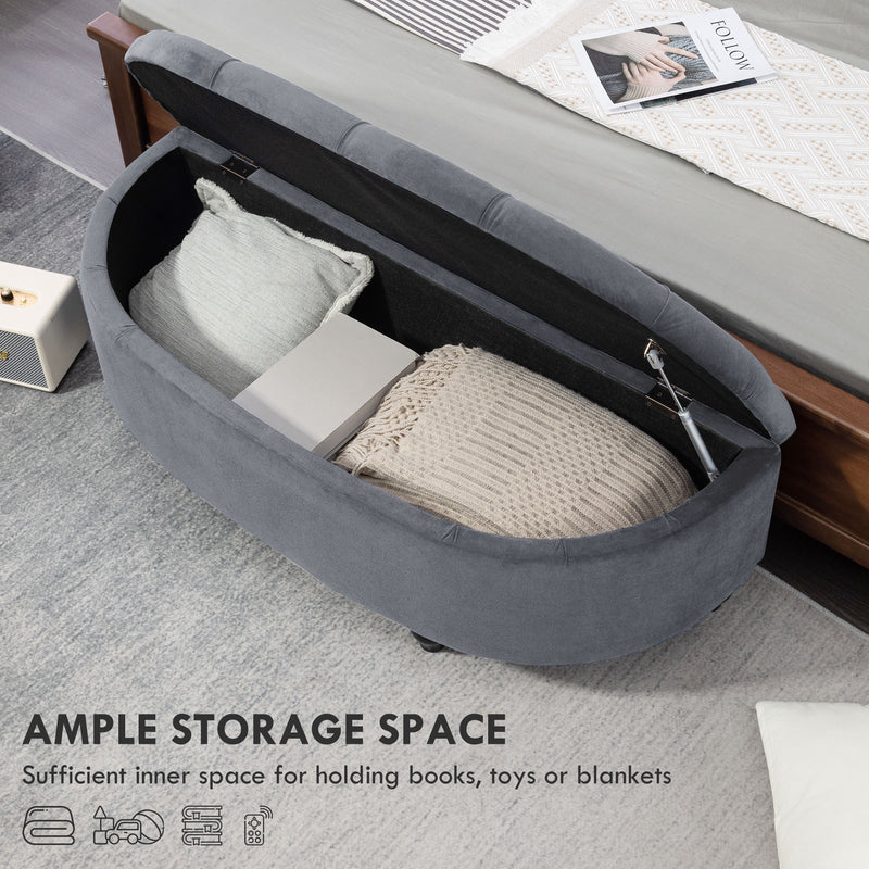 Velvet Feel Half Moon Storage Ottoman Seat With Hidden Compartment, Dark Grey