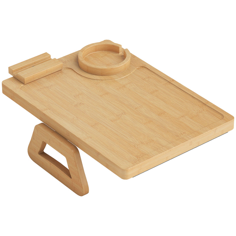 Sofa Arm Tray with Rotating Device Holder and Removable Cup Holder Bamboo Natural Wood