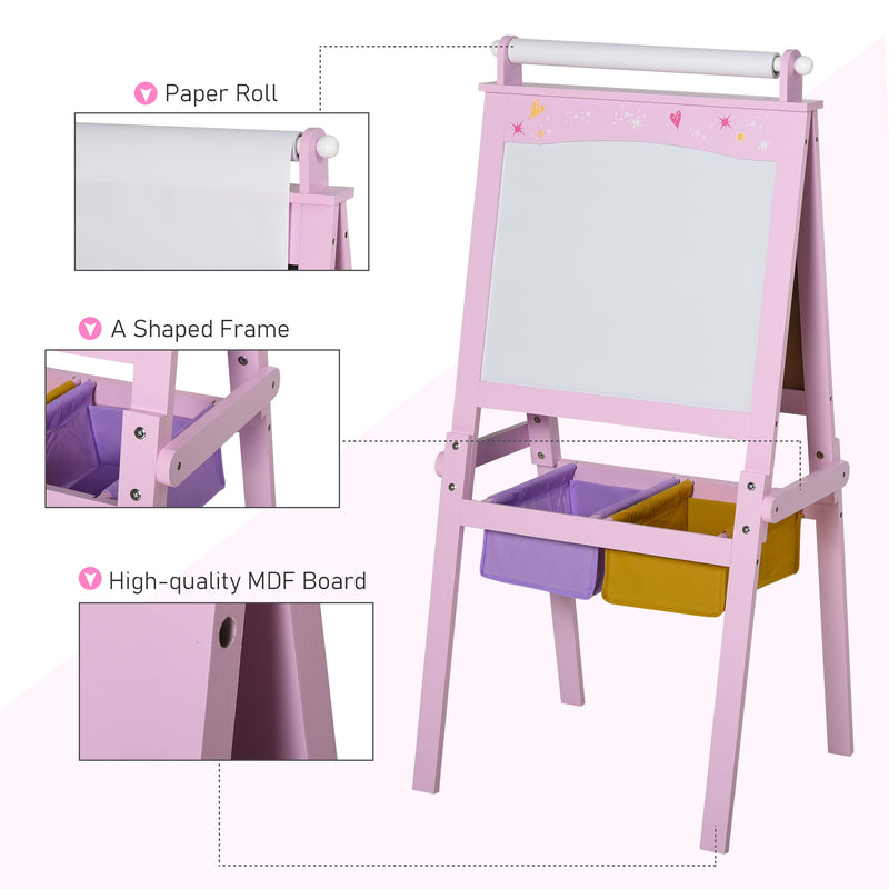 Pink Wooden 3 in 1 Kids Art Easel With Chalkboard Whiteboard and Storage Baskets