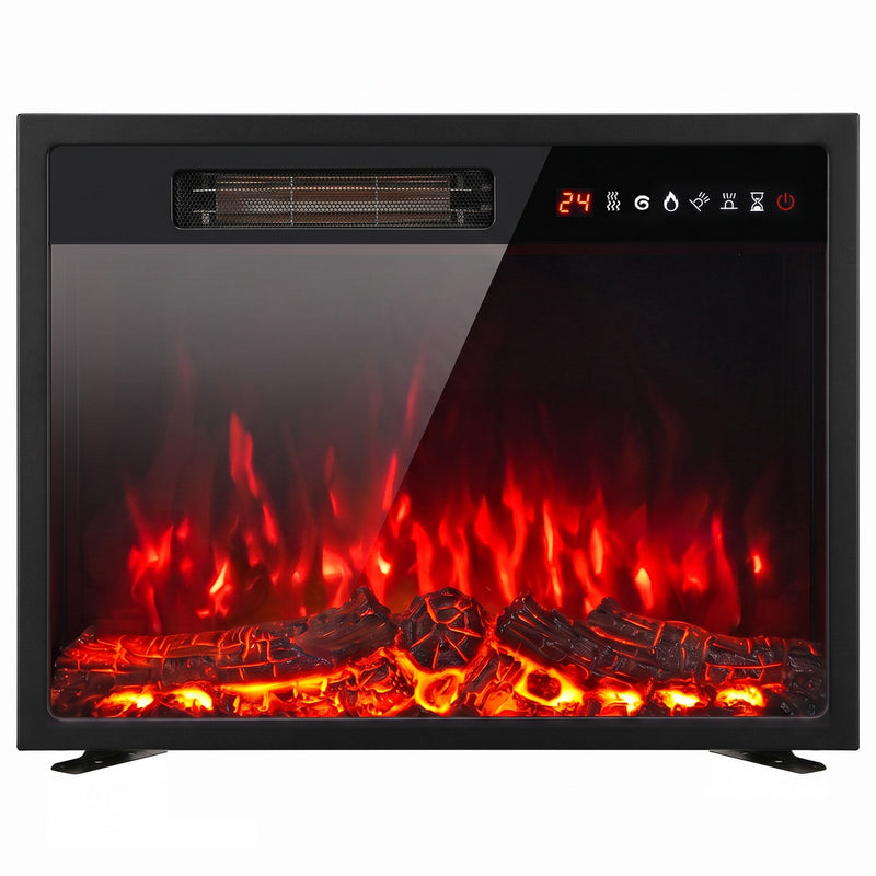 Black recessed electric fire insert on feet with glowing red log-effect flames, studio front view