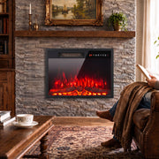 Electric fire insert set into a stone fireplace surround in a cosy living room