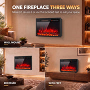 Three ways to fit the electric fire: wall mounted, recessed or standing on its feet