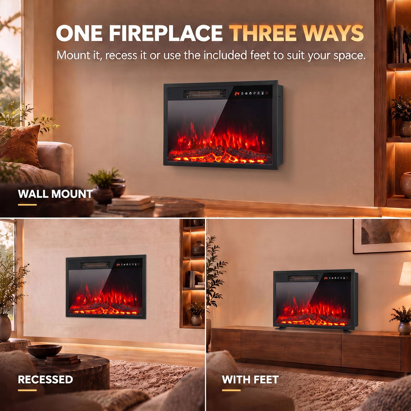 Three ways to fit the electric fire: wall mounted, recessed or standing on its feet