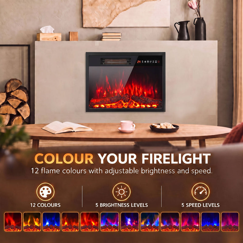 Electric fire above a table with 12 flame colours, 5 brightness levels and 5 speed levels