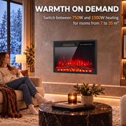 Woman relaxing beside the electric fire with 750W and 1500W heat for rooms of 7 to 35 m²
