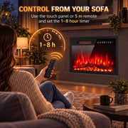 Hand holding the 5 m remote control with a 1-8 hour timer graphic in front of the fire
