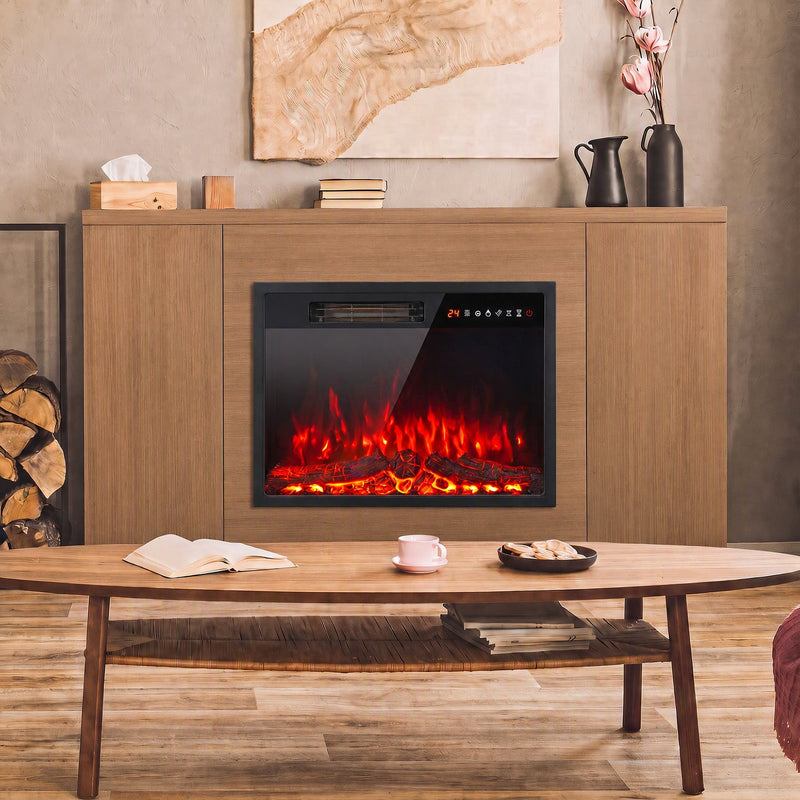 Electric fire insert fitted into a wooden media unit above a coffee table