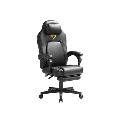 Ink black reclining gaming chair with footrest and headrest studio shot