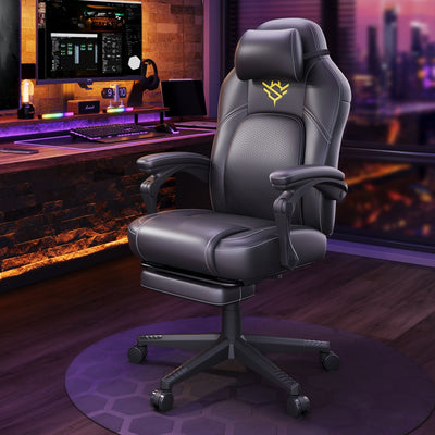 Ink black gaming chair in a bedroom gaming setup lifestyle shot