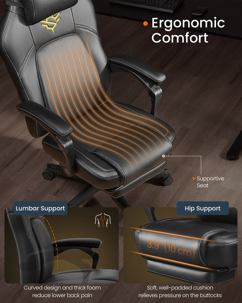 Ergonomic lumbar and hip support cushioning highlighted on the ink black gaming chair