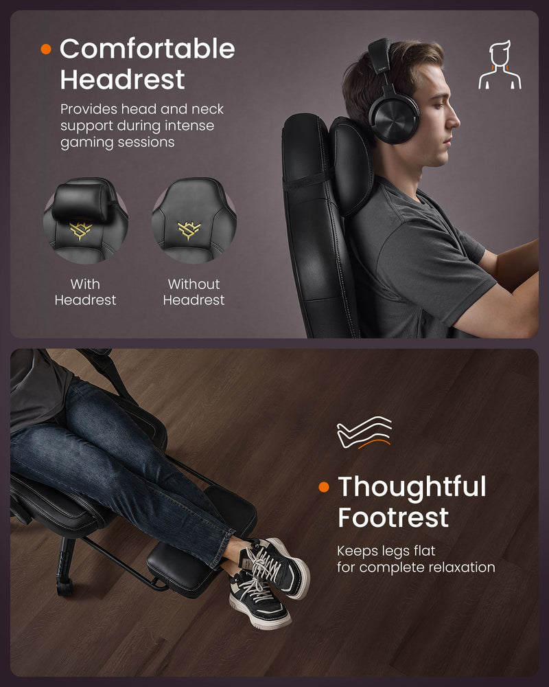 Adjustable headrest and extendable footrest shown on the ink black gaming chair