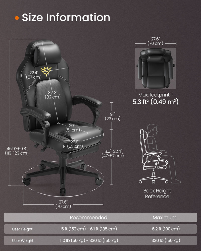 Size information diagram showing chair dimensions and recommended user height and weight