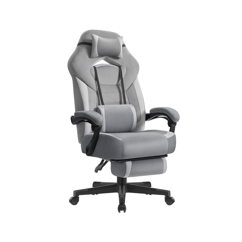 Grey reclining gaming office chair with footrest studio shot