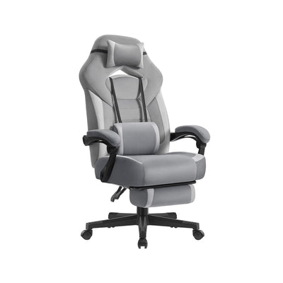 Grey reclining gaming office chair with footrest studio shot