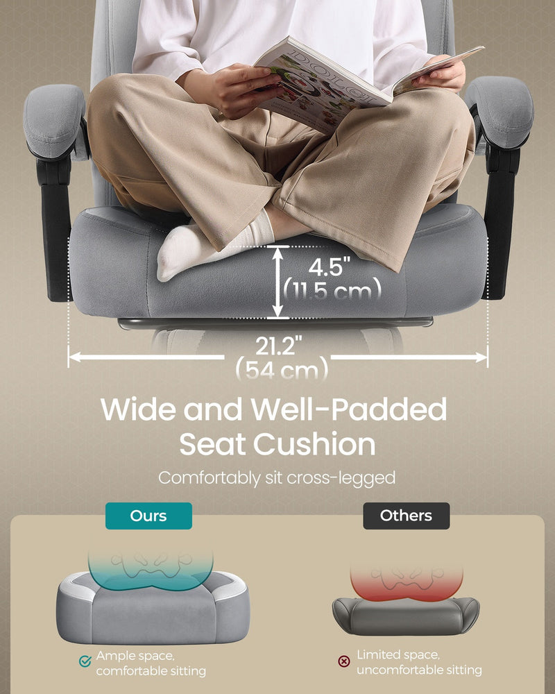 Person sitting cross-legged on the wide seat cushion