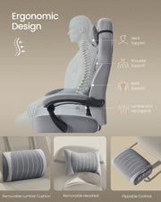Ergonomic support diagram showing neck, shoulder, back and lumbar support points