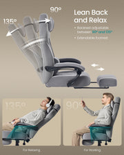 Chair reclining between 90 and 135 degrees with footrest extended