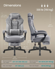 Dimensions diagram showing chair height, width, seat depth and weight capacity
