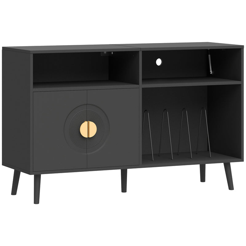 HOMCOM record player stand in black, closed doors and open shelf, angled studio view