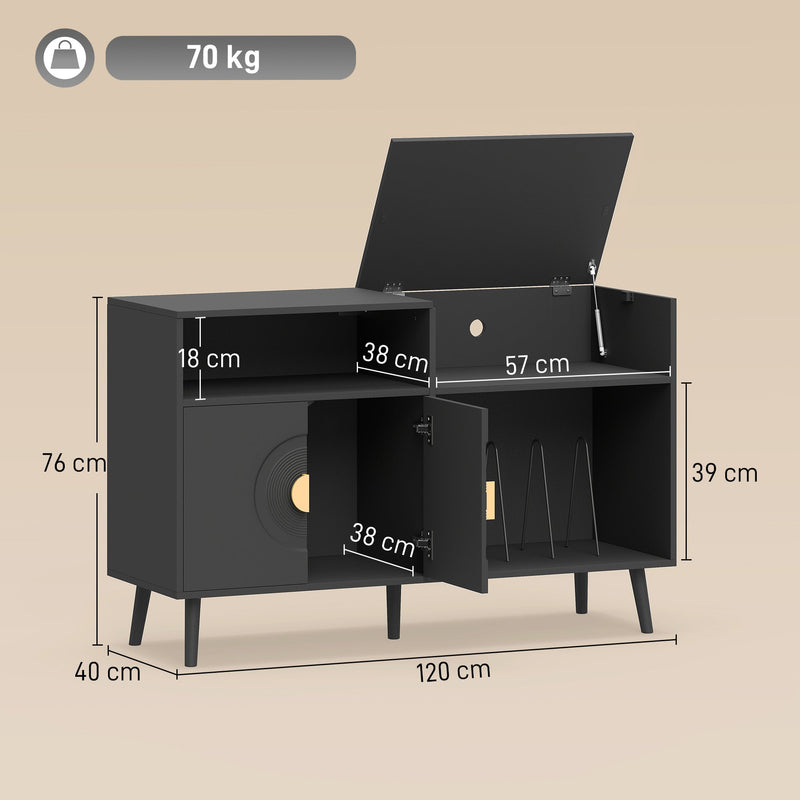 Dimension diagram of black record player stand showing 120W x 40D x 76H cm and 70 kg capacity