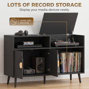 Black record player stand open showing turntable and vinyl records, holds 300 records callout