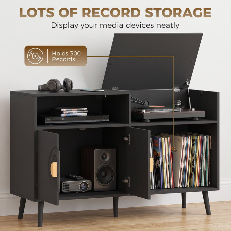 Black record player stand open showing turntable and vinyl records, holds 300 records callout