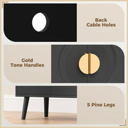 Feature panel showing back cable holes, gold tone handles and 5 pine legs on black record player stand