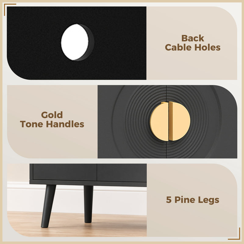 Feature panel showing back cable holes, gold tone handles and 5 pine legs on black record player stand
