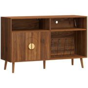 HOMCOM record player stand in walnut, doors open showing shelf and record slot dividers, angled studio view