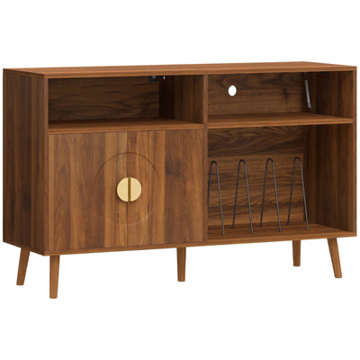 HOMCOM record player stand in walnut, doors open showing shelf and record slot dividers, angled studio view