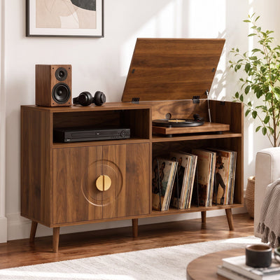 Walnut record player stand in a living room with turntable, speaker and headphones on top, lid open