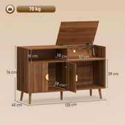 Dimension diagram of walnut record player stand showing 120W x 40D x 76H cm and 70 kg capacity